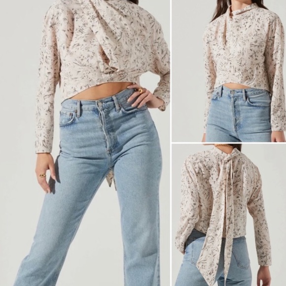 ASTR THE LABEL “Off White Sketch” Long Sleeve Drape Tie Back Top - Picture 11 of 11